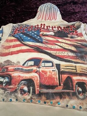 STRAY USA Flag Jeep Eagle Studded Graphic Cream Pullover Hoodie Men S
